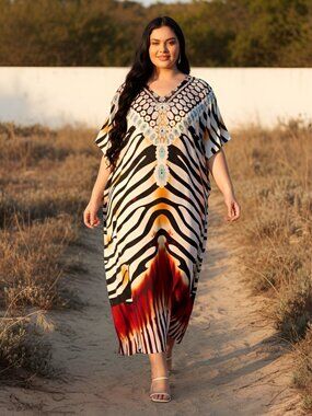 Women Casual Kaftan Dress Plus Size Polyester Beach Cover Up Maxi Dresses